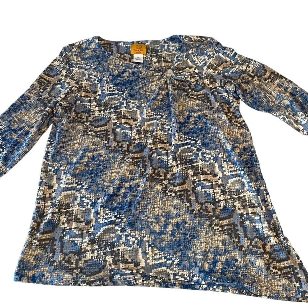RUBY Rd Petite Small Business Casual Top Blue Brown Cream - Picture 1 of 9